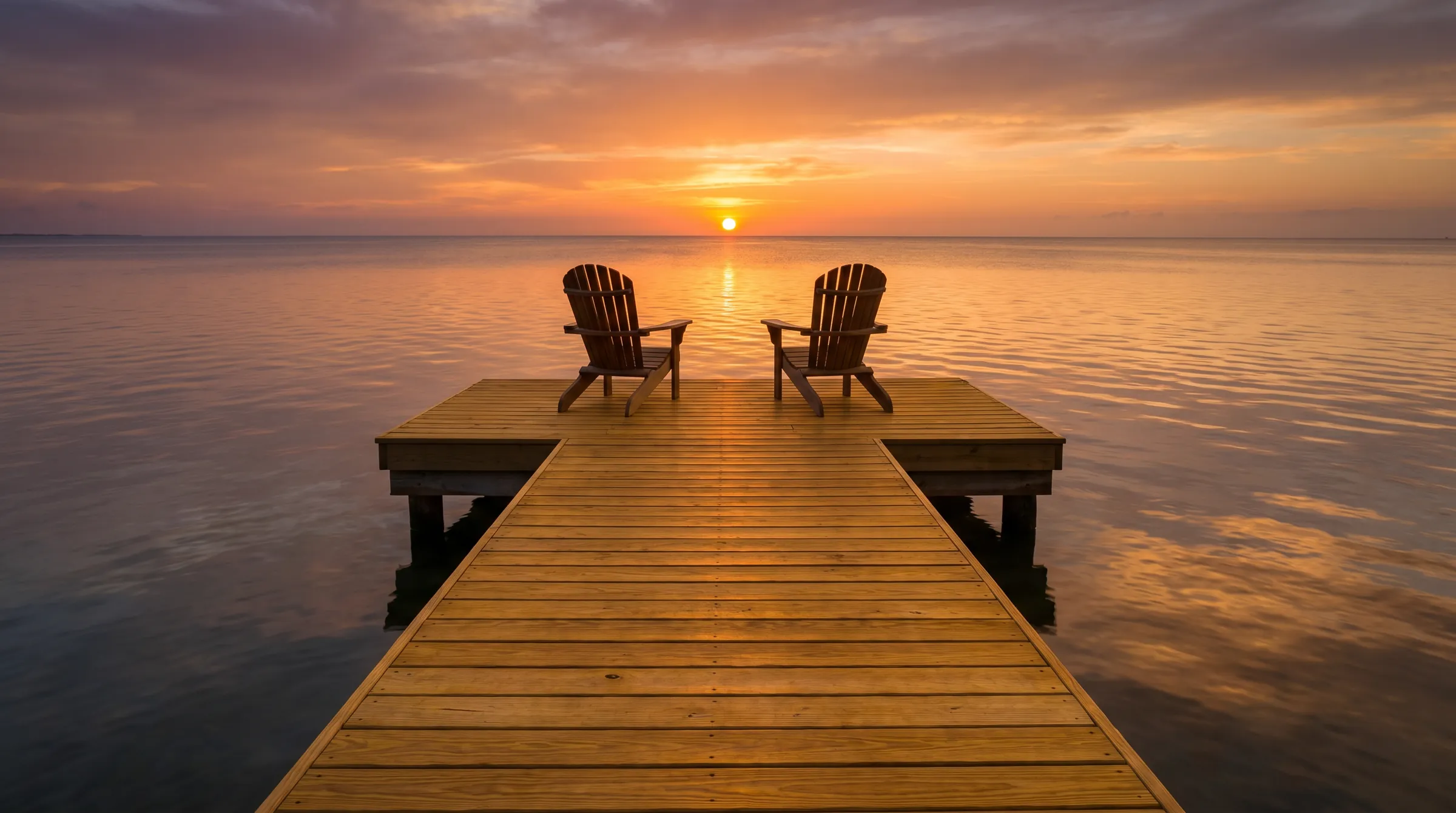 Freshly restored wooden dock at sunset