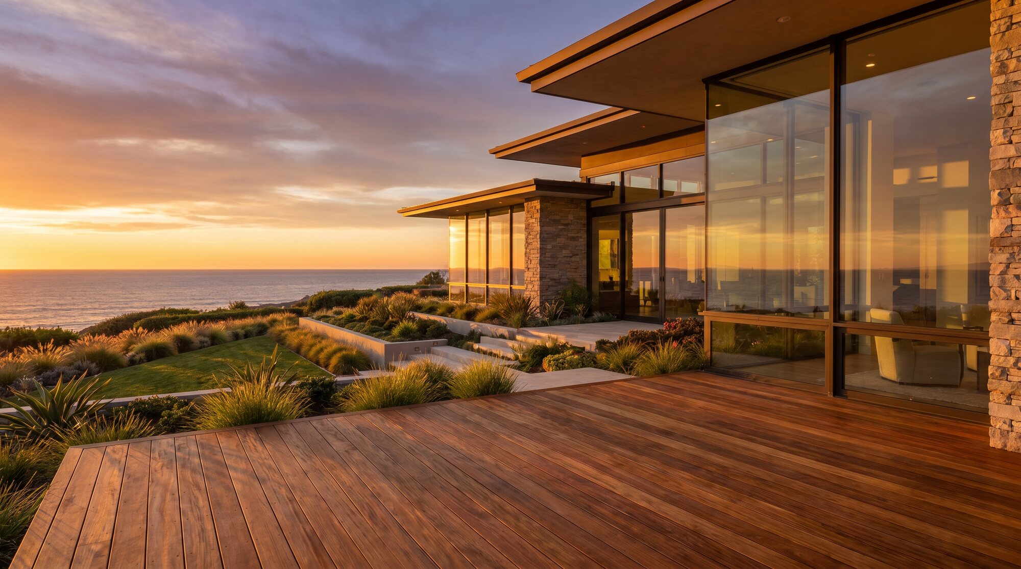 Luxury coastal home with a freshly restored wood deck at golden hour