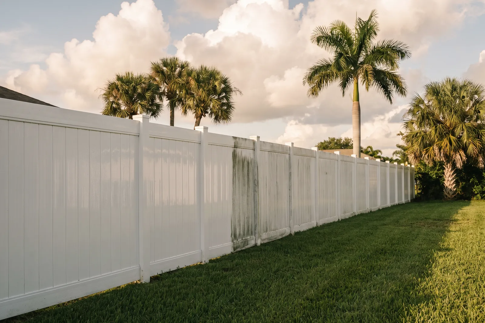 White vinyl fence half pressure-washed, clean side gleaming