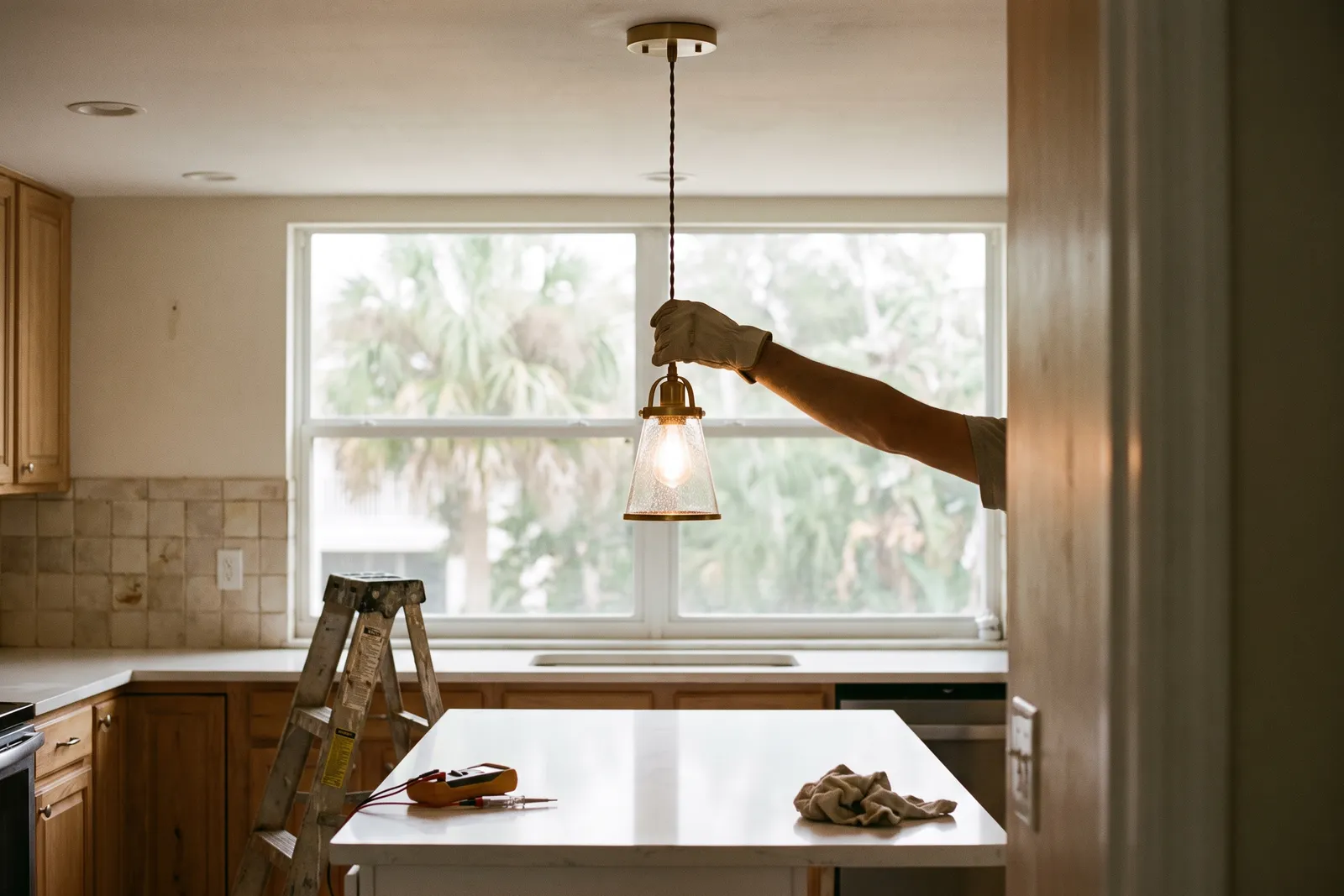 Warm brass pendant light just installed above a kitchen island