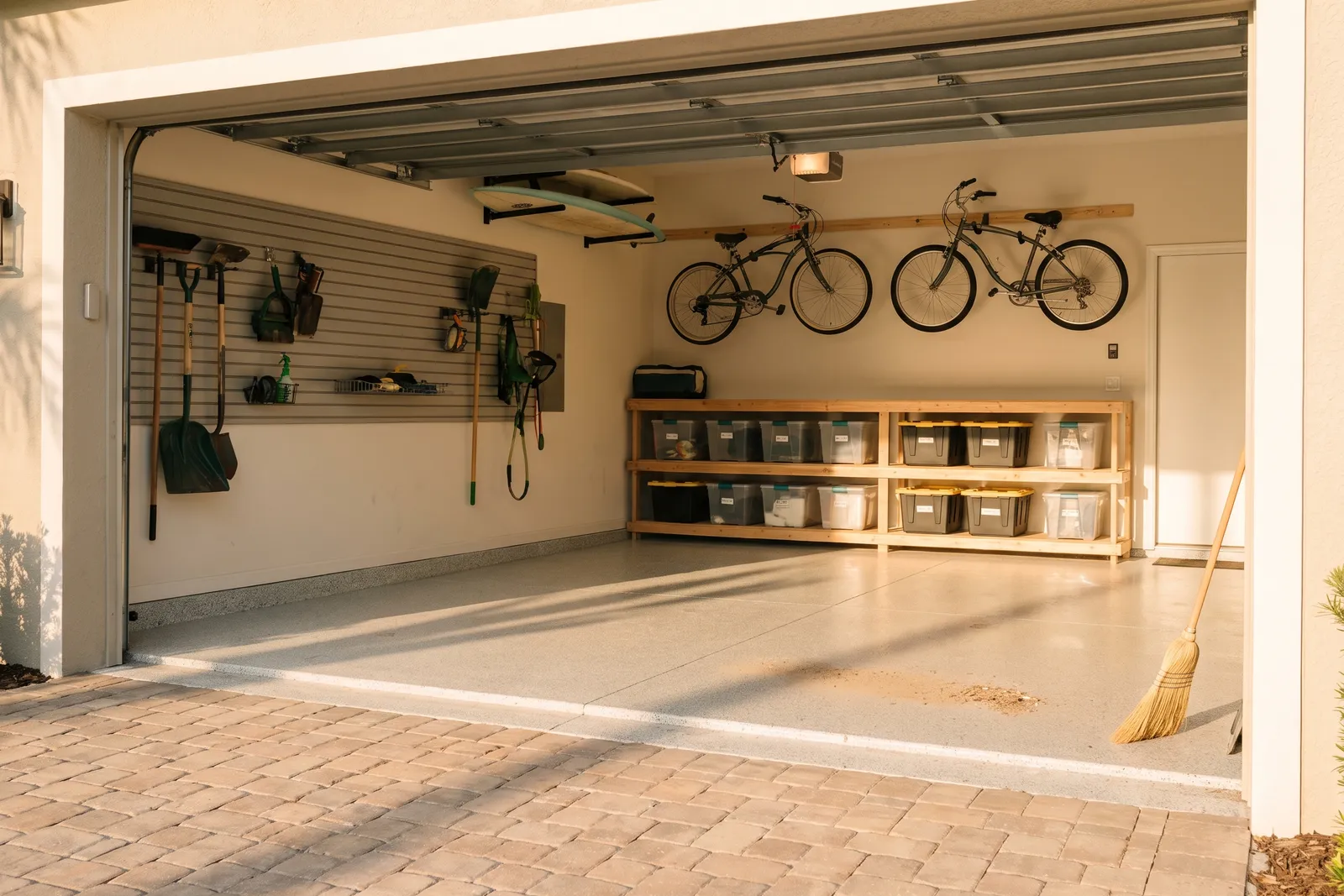 Freshly organized garage with slat-wall storage and hung bicycles