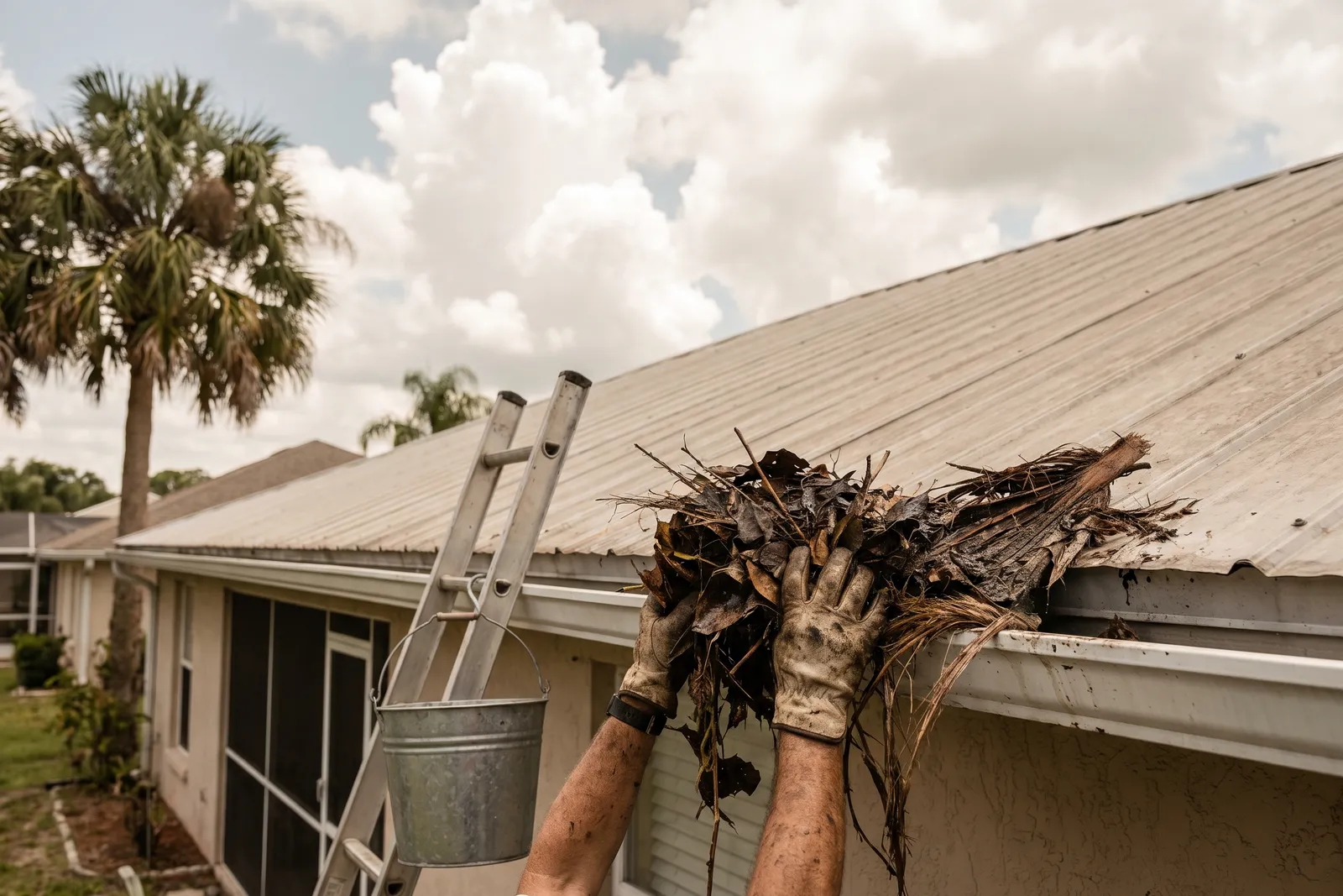 Gloved hands clearing leaves and palm debris from a gutter