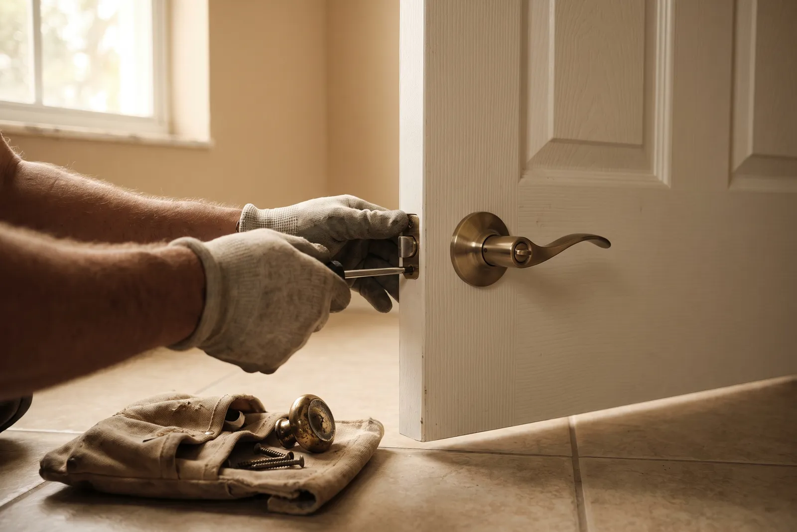 New brushed-brass door lever being fitted to a white coastal door