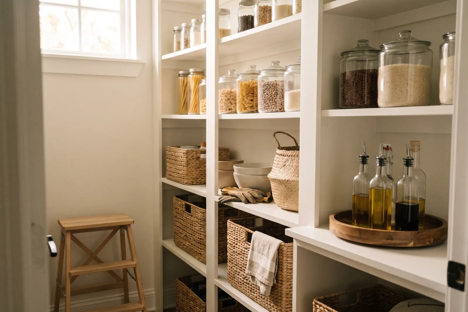 Neatly organized walk-in pantry with glass jars and woven baskets